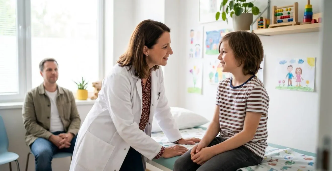 Un enfant en suivi post-cancer lors d'une consultation avec un médecin spécialiste, ambiance bienveillante