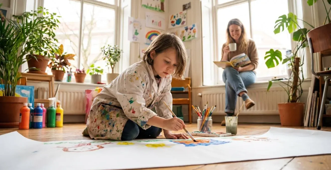 Un enfant en rémission participant à une activité d'art-thérapie dans un espace coloré et lumineux